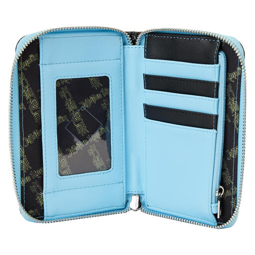 Blue and black interior of the Satoru Gojo zip around wallet, featuring five card slots and one clear slot for an ID